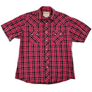 Wrangler Vintage Pearl Snap Red Plaid Short Sleeve Western Shirt Size Large